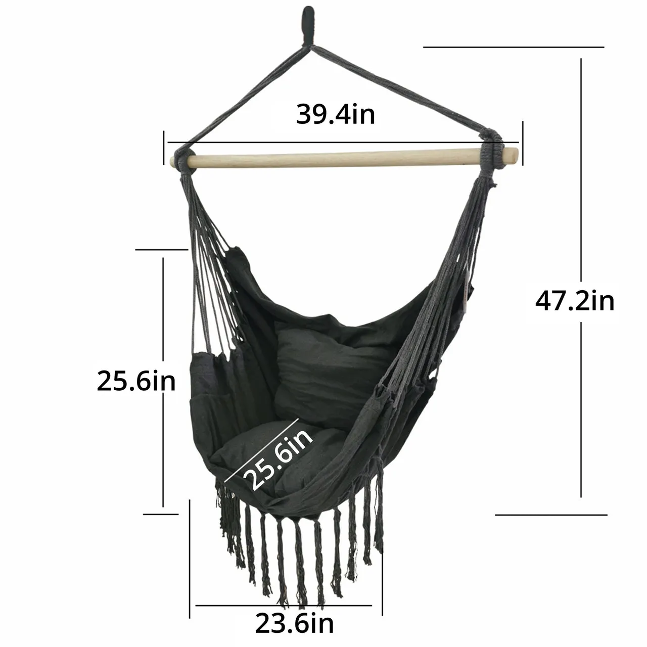 Aleko Outdoor furniture Hanging Rope Swing Hammock Chair with Side Pocket and Wooden Spreader Bar - Gray