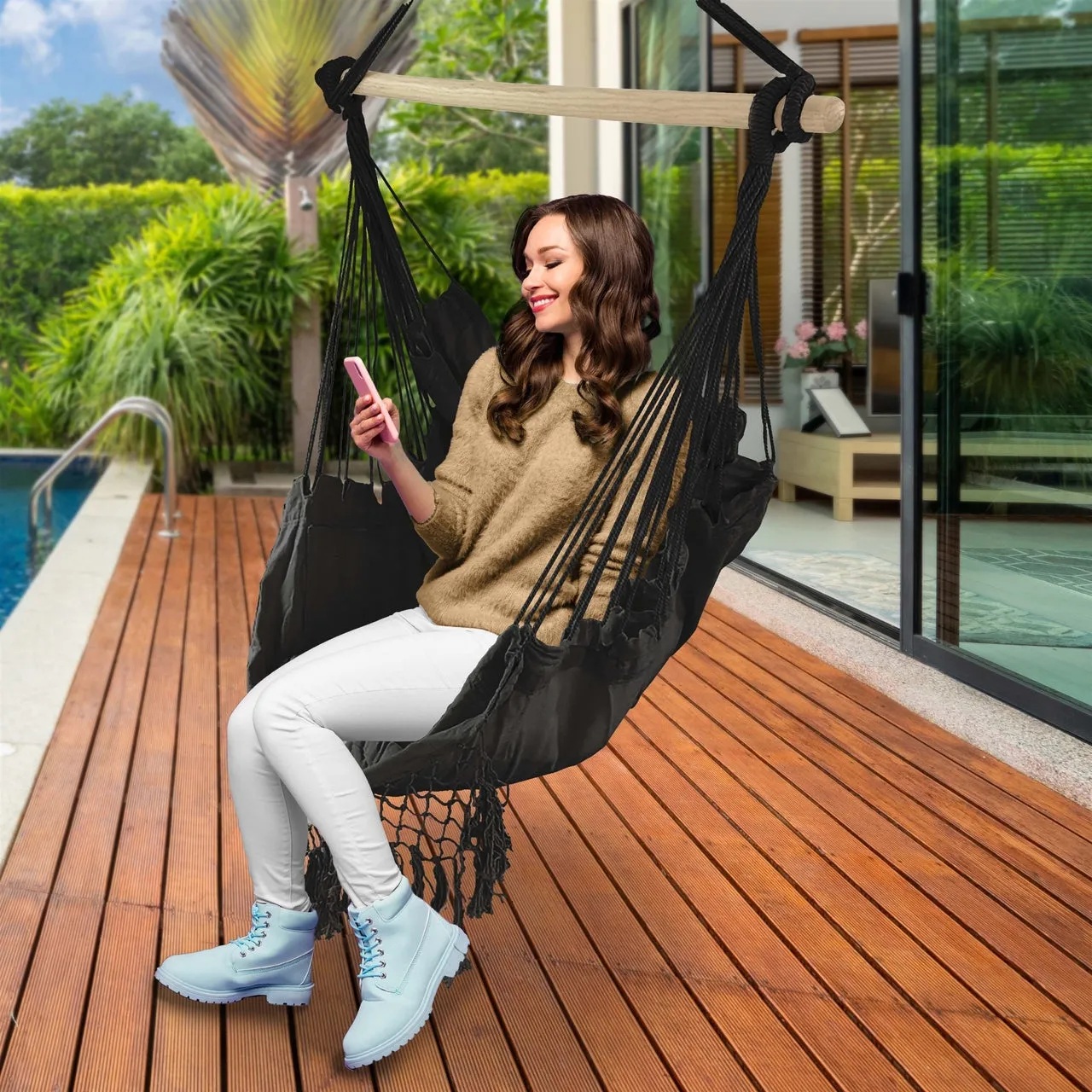 Aleko Outdoor furniture Hanging Rope Swing Hammock Chair with Side Pocket and Wooden Spreader Bar - Gray