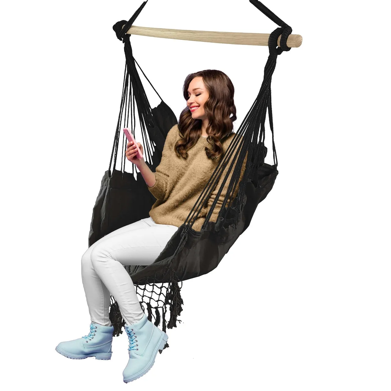 Aleko Outdoor furniture Hanging Rope Swing Hammock Chair with Side Pocket and Wooden Spreader Bar - Gray