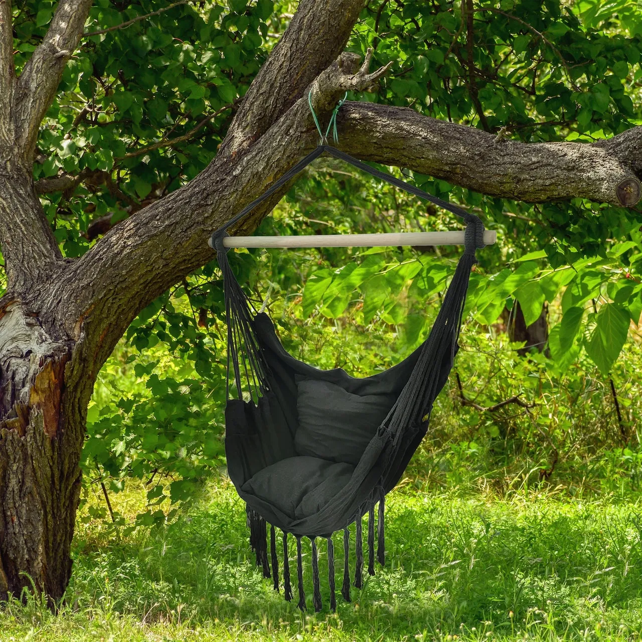 Aleko Outdoor furniture Hanging Rope Swing Hammock Chair with Side Pocket and Wooden Spreader Bar - Gray