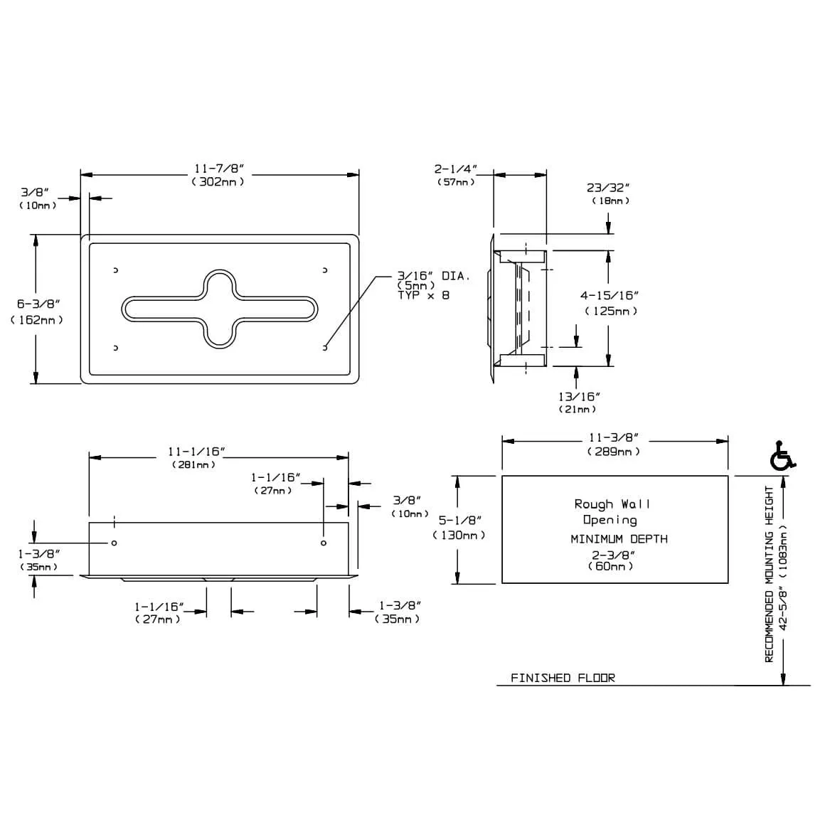 ASI 0259-SS, Facial Tissue Dispenser, 11-11/16" L x 6-3/8" W, Recessed-Mounted, Stainless Steel