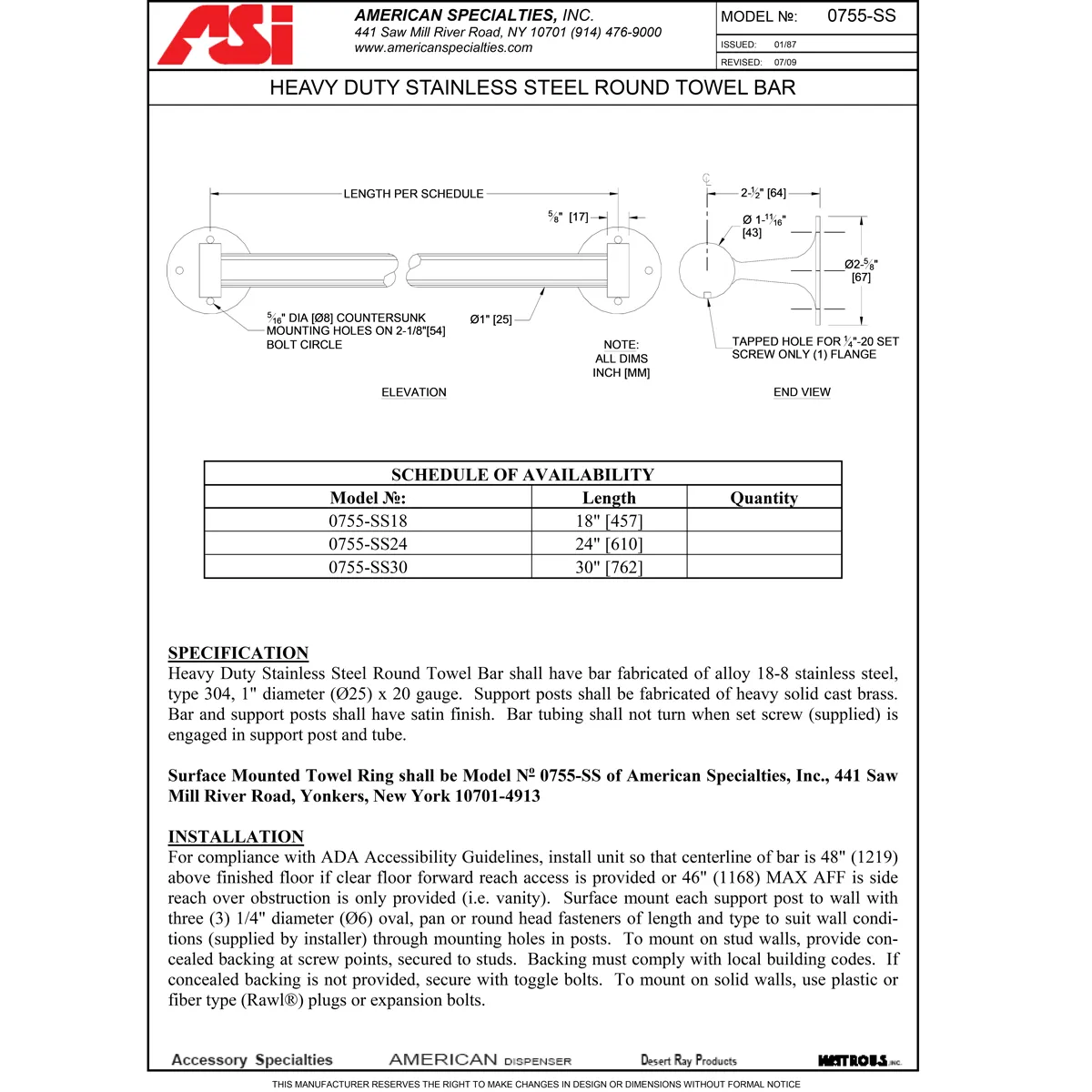 ASI 0755-SS18, Heavy-Duty Towel Bar 30"Length, Surface-Mounted, Stainless Steel