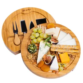 Bamboo Cheese Board and Knife Set - 10 Inch Swiveling Charcuterie