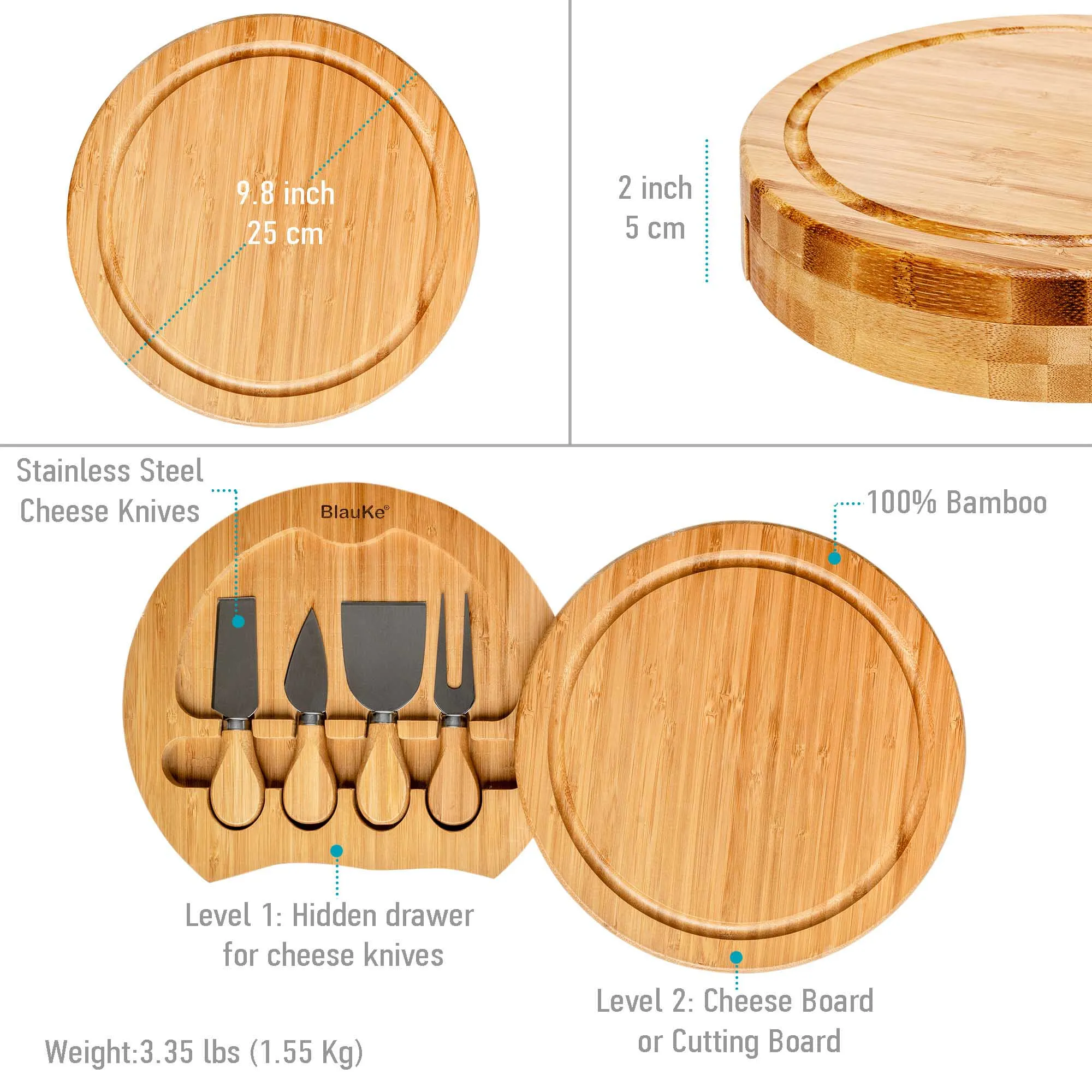 Bamboo Cheese Board and Knife Set - 10 Inch Swiveling Charcuterie