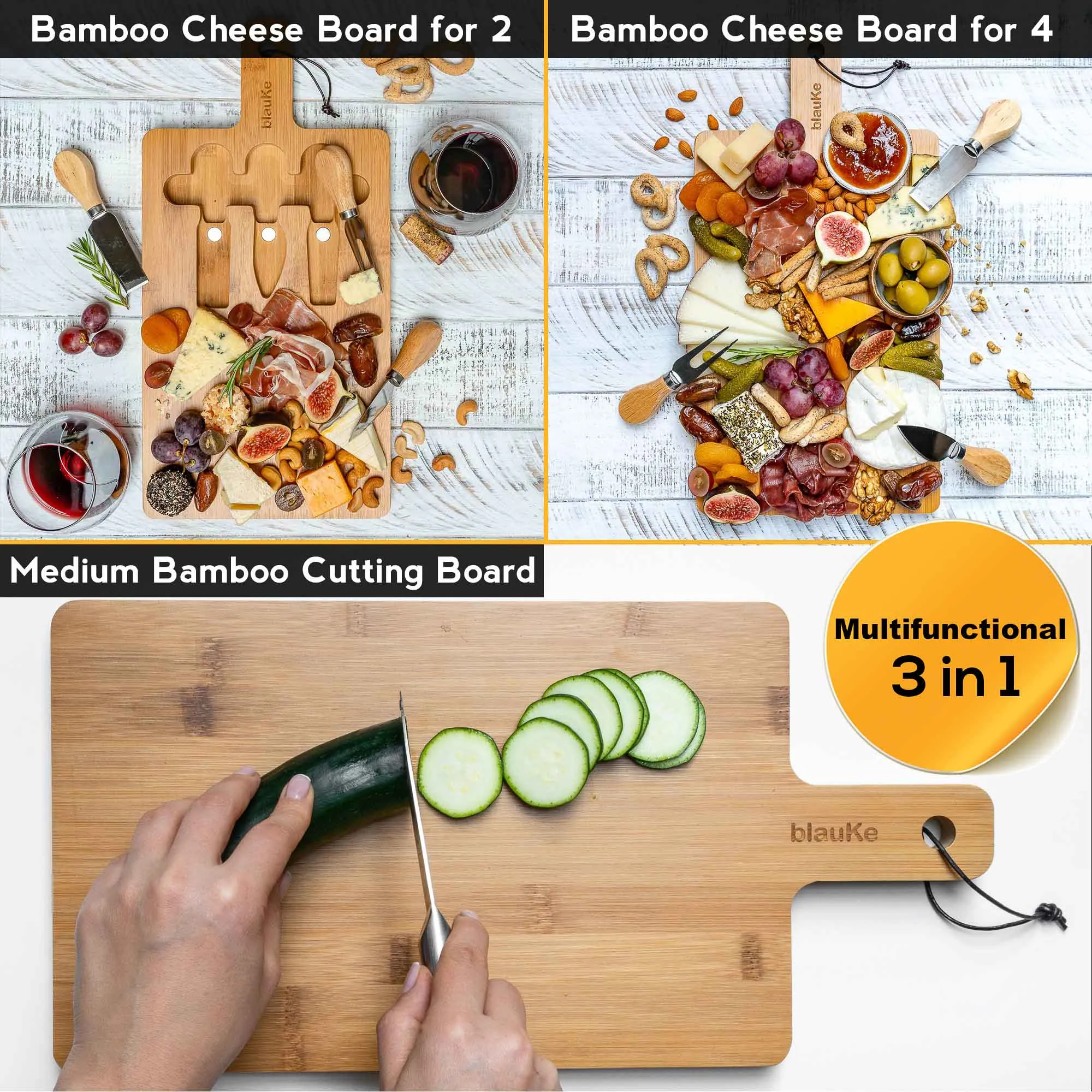 Bamboo Cheese Board and Knife Set - 12x8 inch Charcuterie Board with