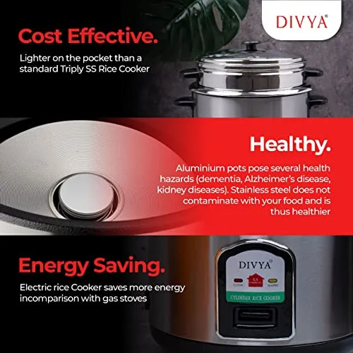 DIVYA Stainless Steel 1.8 Liters Cylinder Electric Rice Cooker 700W and Steamer