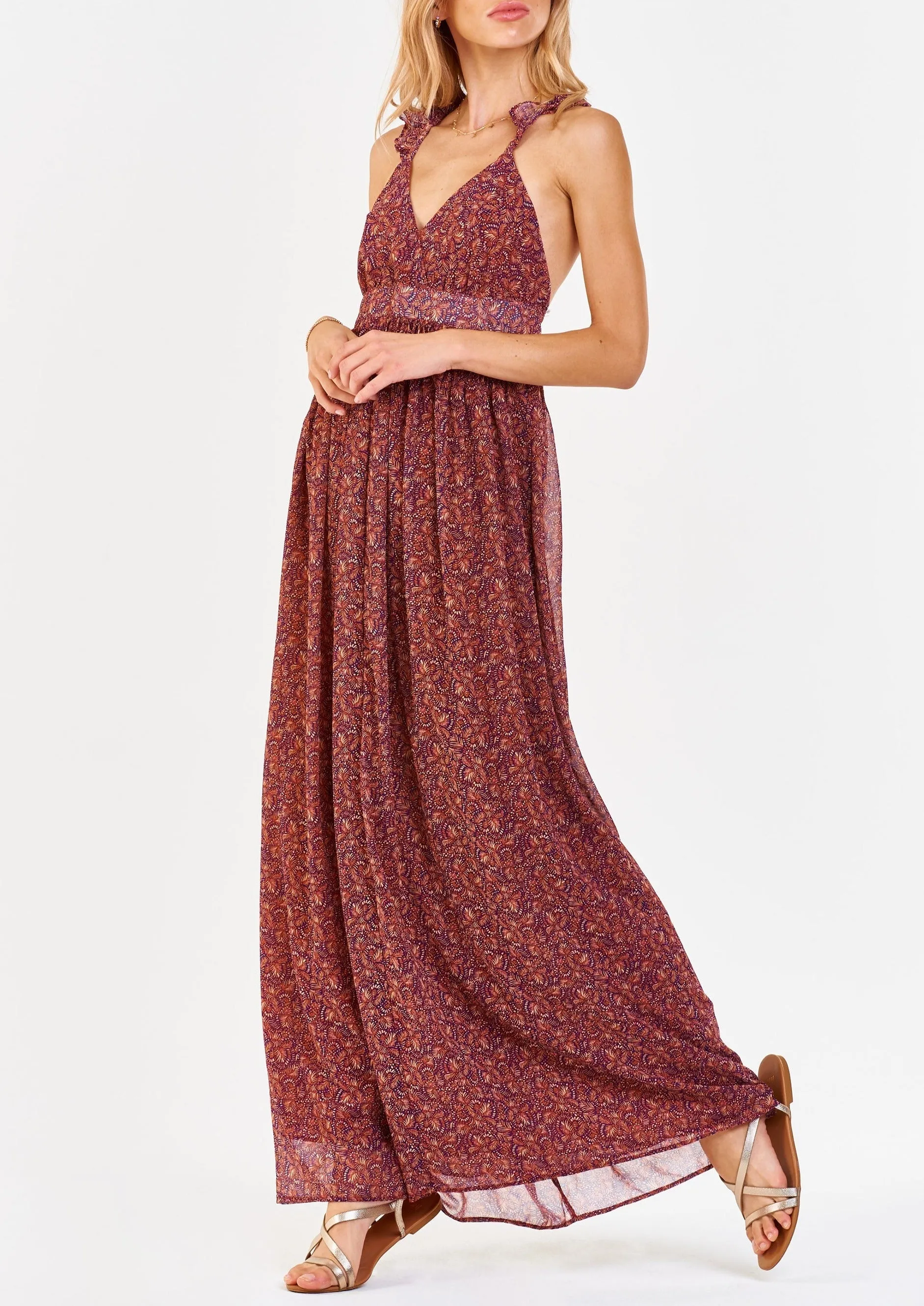 ELIA HALTER DRESS TERRACOTTA PALM