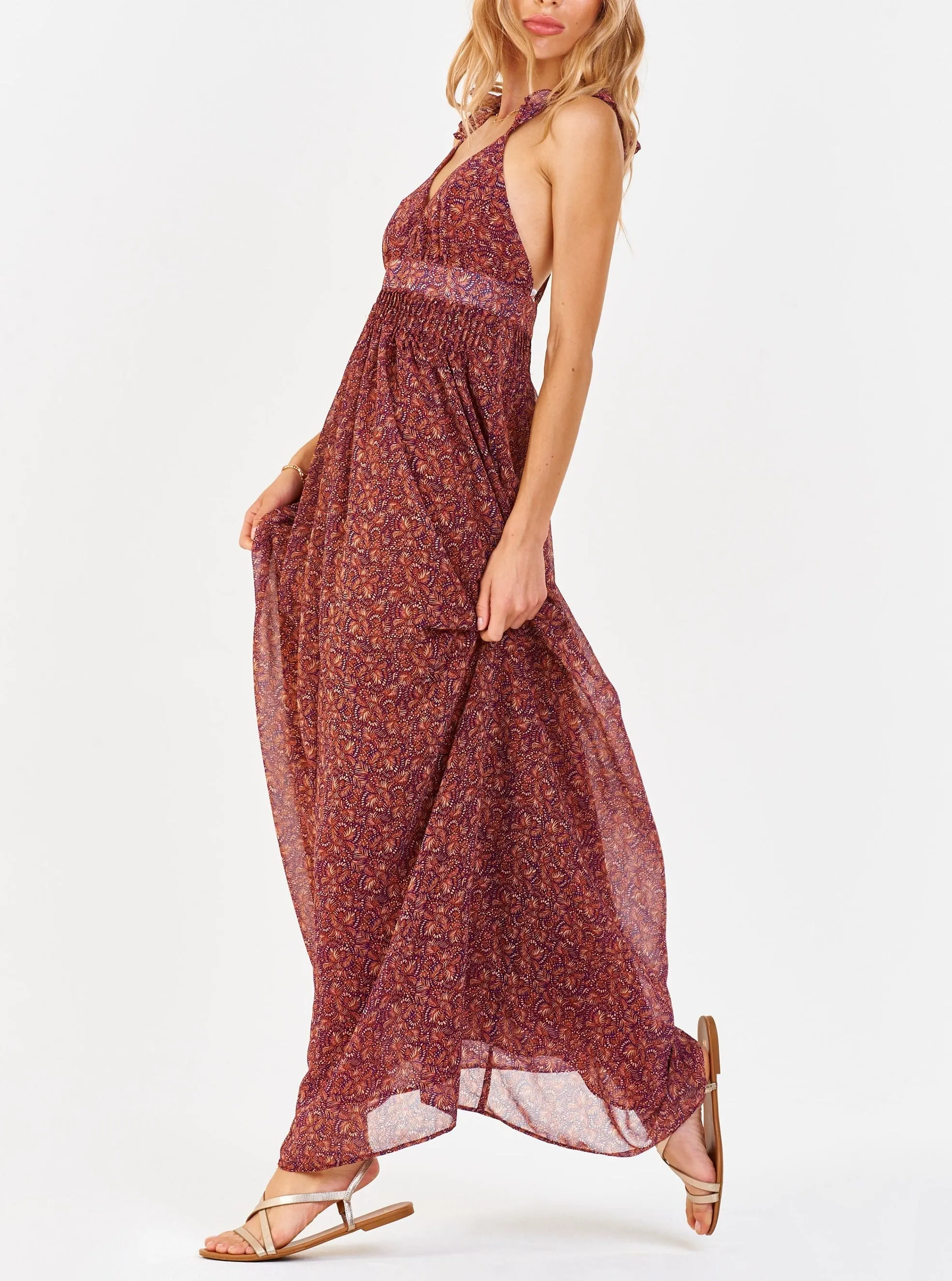 ELIA HALTER DRESS TERRACOTTA PALM