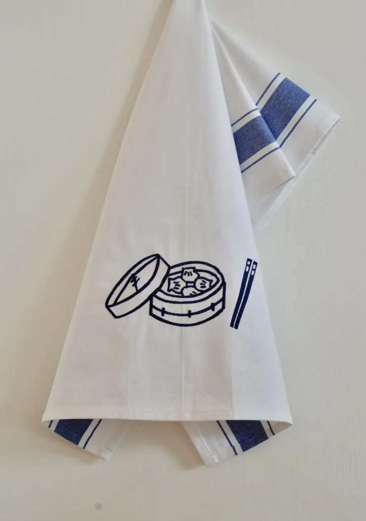 Embroidered Dim Sum Basket Tea Towel by Zest of Asia, Blue