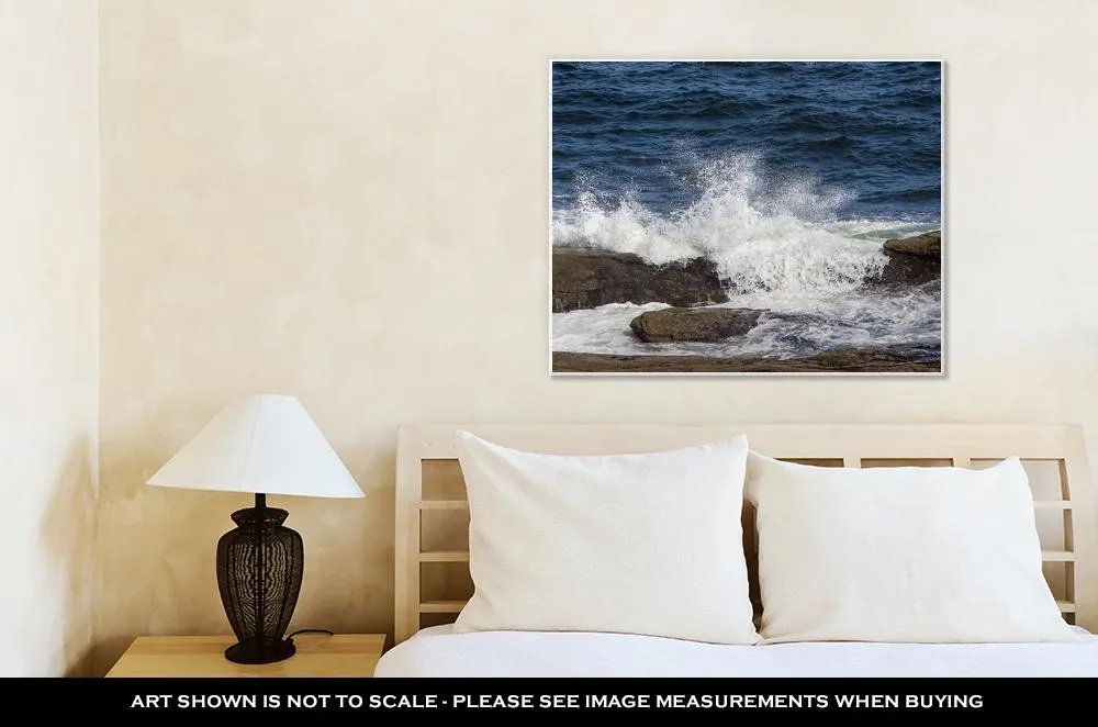 Gallery Wrapped Canvas, Ocean Waves Splash Over Rocks On Maines Coast Near Pemaquid Point