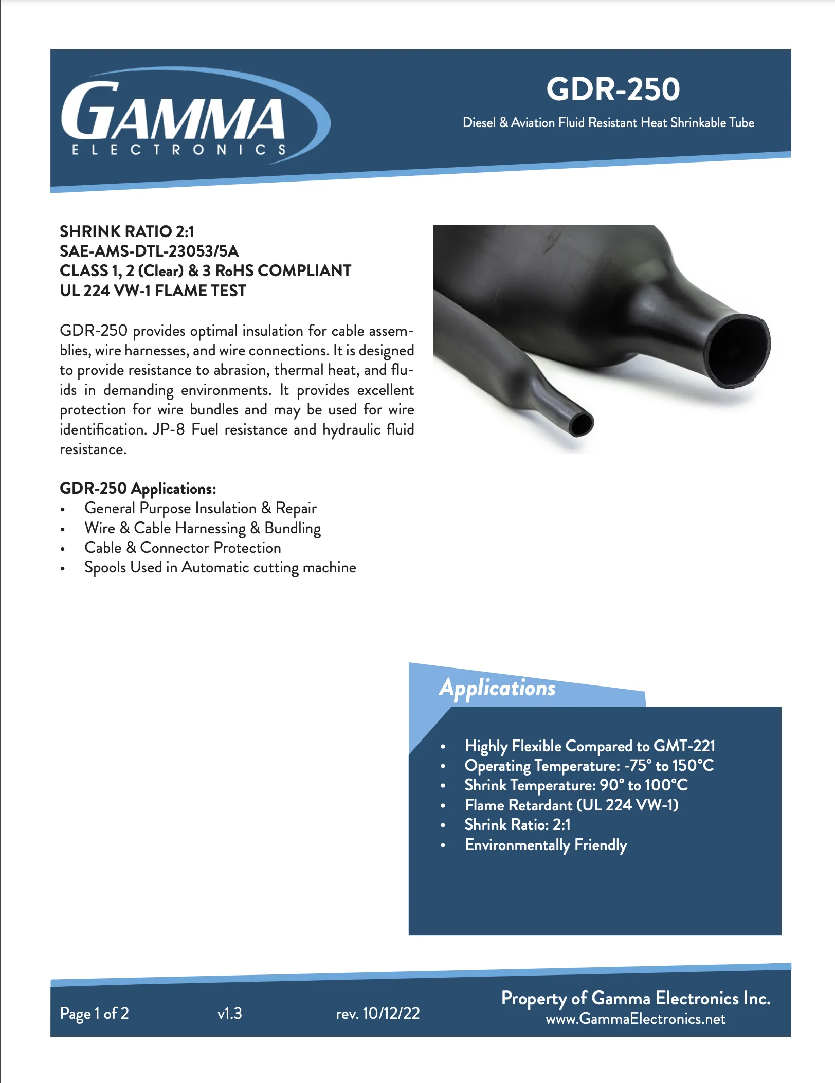 GDR-250: 2 to 1 Heat Shrink Tubing that is Highly resistant to Fuels, Fluids & Oils