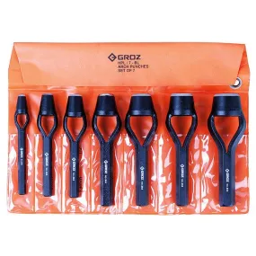 Groz 7-Piece Arch Punch Set | Bell Type | Leather, Cardboard, Canvas, Rubber, Plastic, Soft Material | 45 /-5 HRC