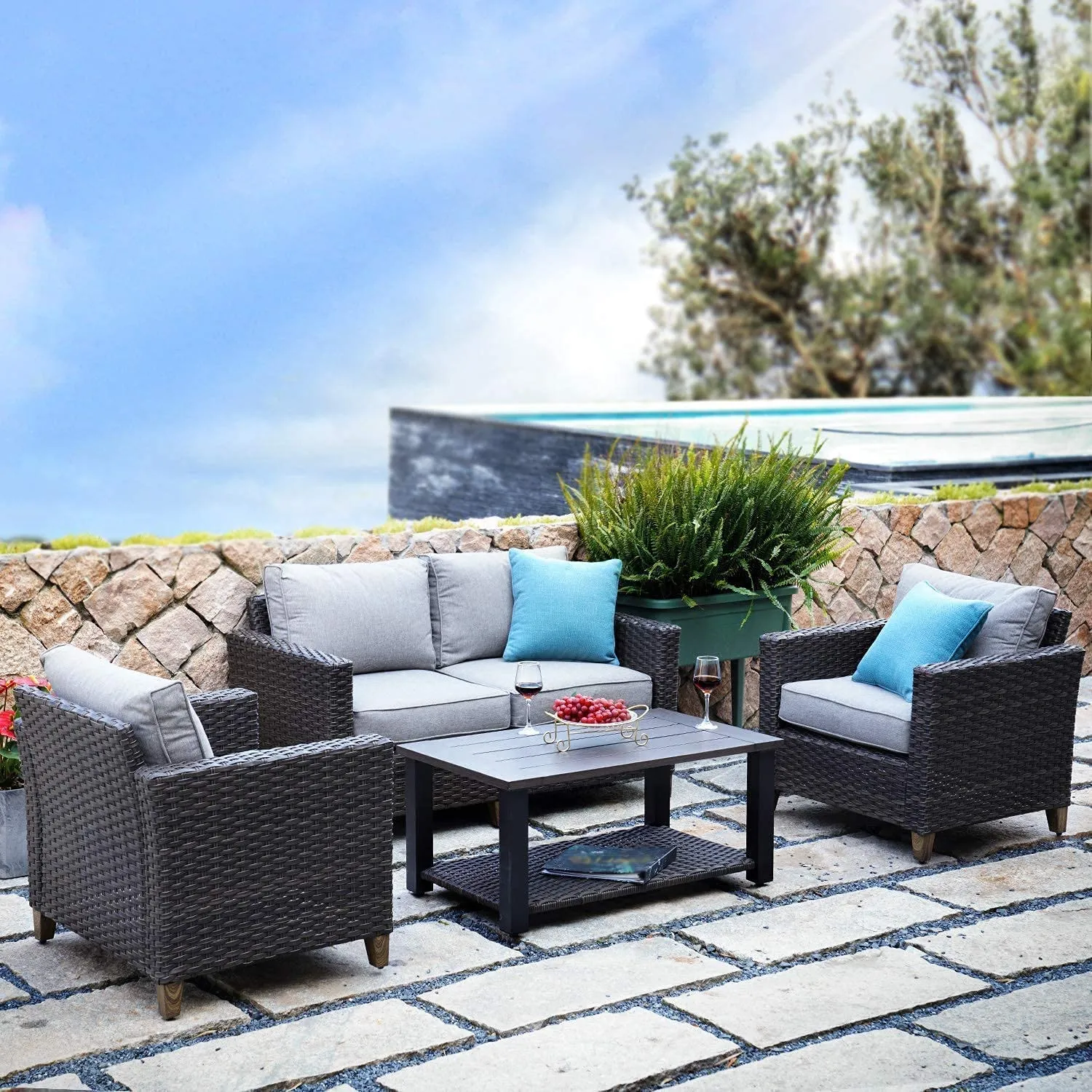 Patio Sofa Sets 5 Pcs with Fire Pit Table, PE Rattan Wicker Patio Furniture Sectional Sofa with Thick Cushions for Yard Garden Porch