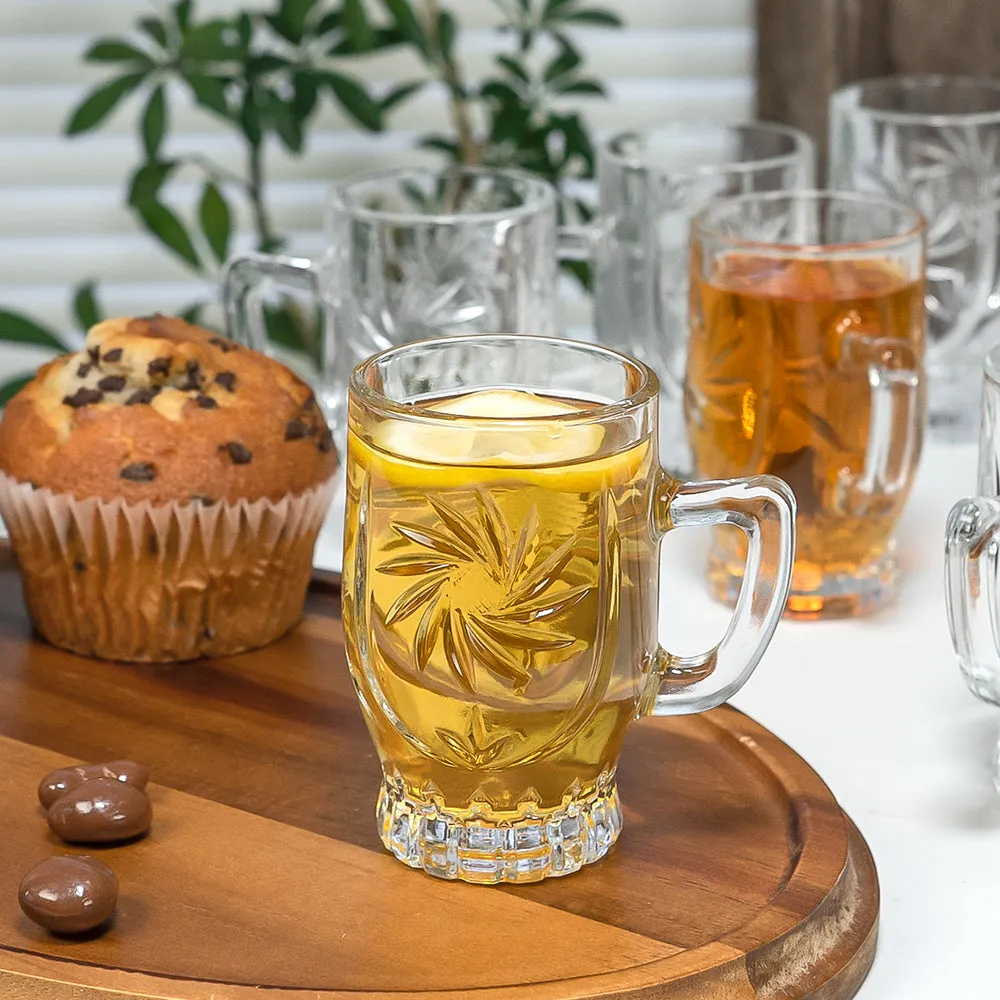 Red Co. Set of 6 Clear Cut Glass 5 Fl Oz Tea Mugs with Handle, Sunflower Etched Design