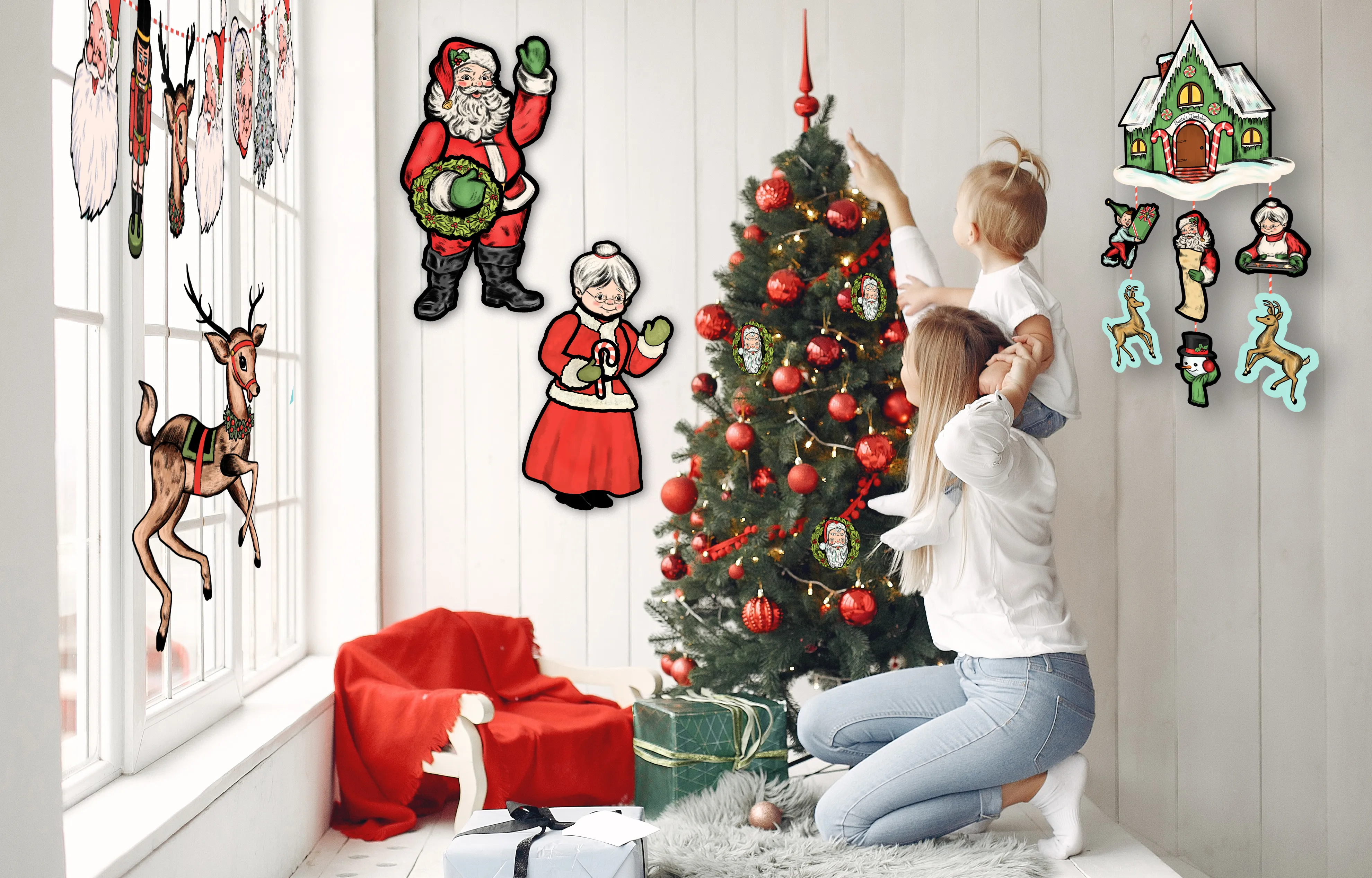 Retro Inspired Hanging Santa's Workshop Christmas Cutout Mobile