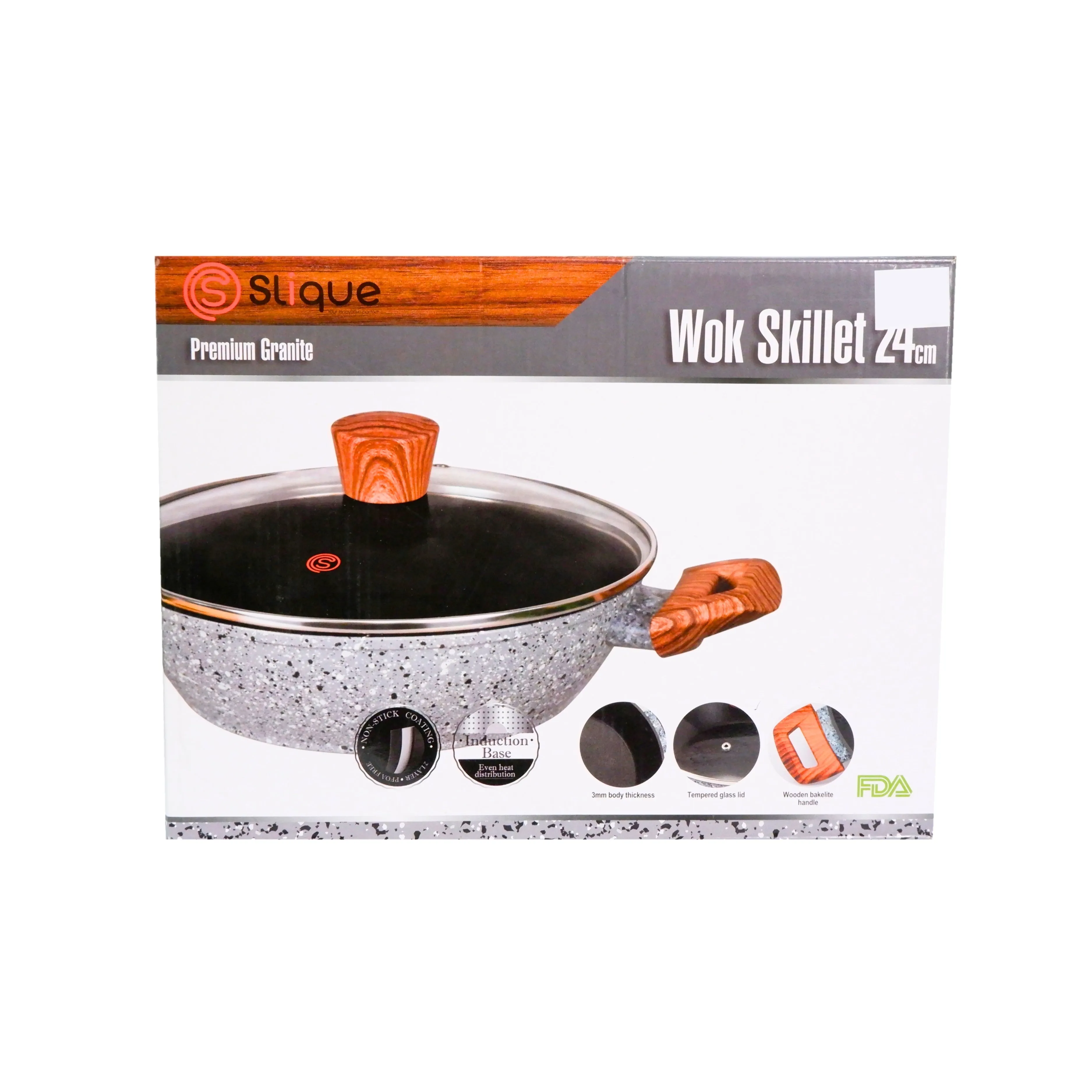 Slique Premium Granite Wok Skillet 24cm with Lid in a Box